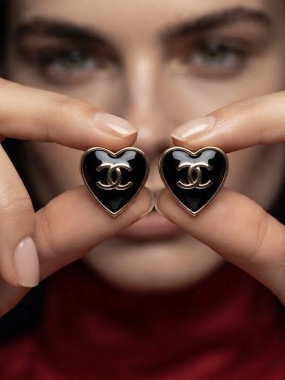 CHANEL Black Heart Stud Earrings